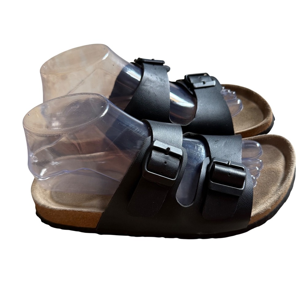 Black Double Strap Cork‎ Footbed Sandals Women's Size 8M Casual Slip On Comfort